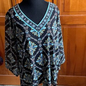 JM Collection Black and Blue Floral V-Neck Blouse